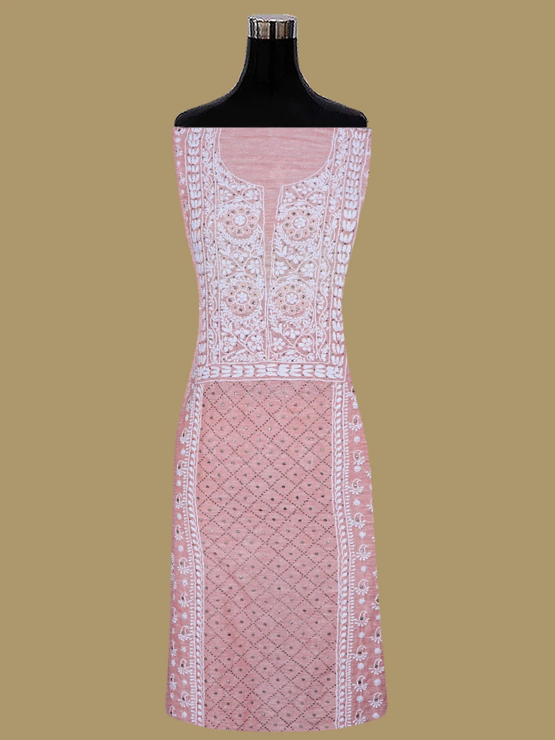 Ada Hand Embroidered Peach Chanderi Lucknowi Chikankari Unstitched Kurta Dupatta Set With Mukaish Work 01A401666