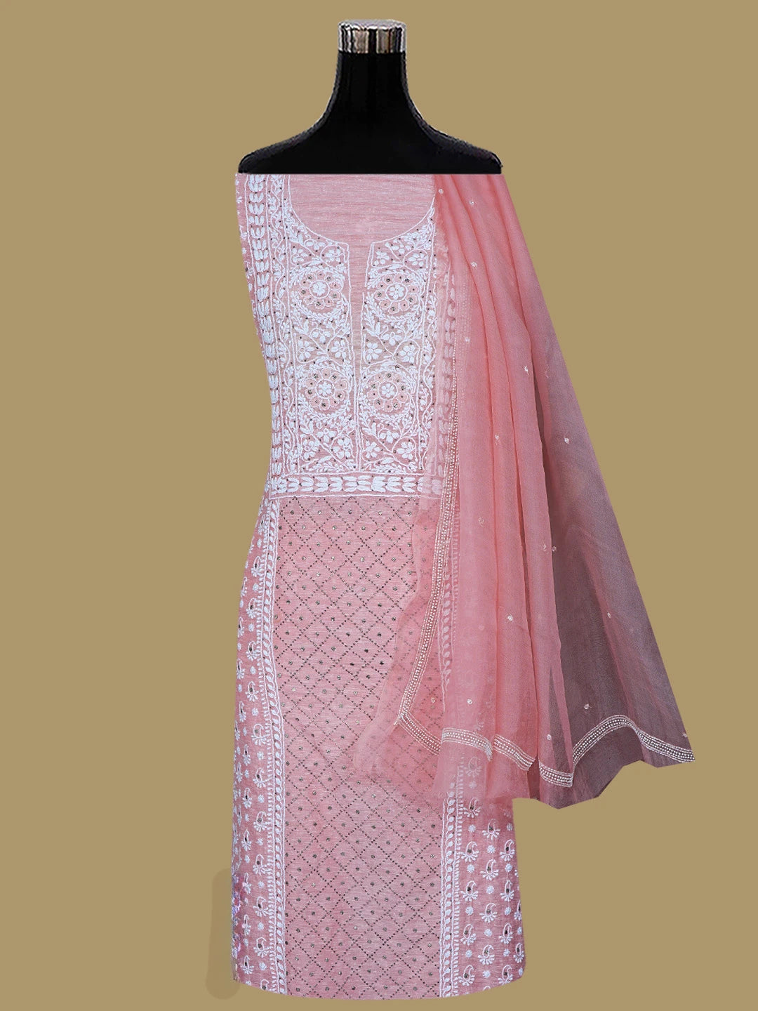 Ada Hand Embroidered Peach Chanderi Lucknowi Chikankari Unstitched Kurta Dupatta Set With Mukaish Work 01A401666
