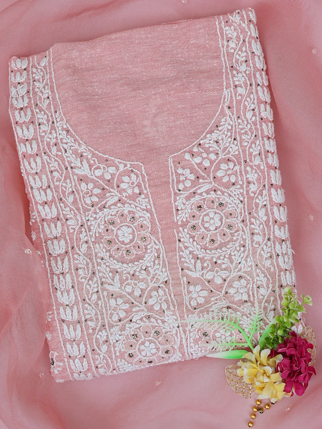 Ada Hand Embroidered Peach Chanderi Lucknowi Chikankari Unstitched Kurta Dupatta Set With Mukaish Work 01A401666