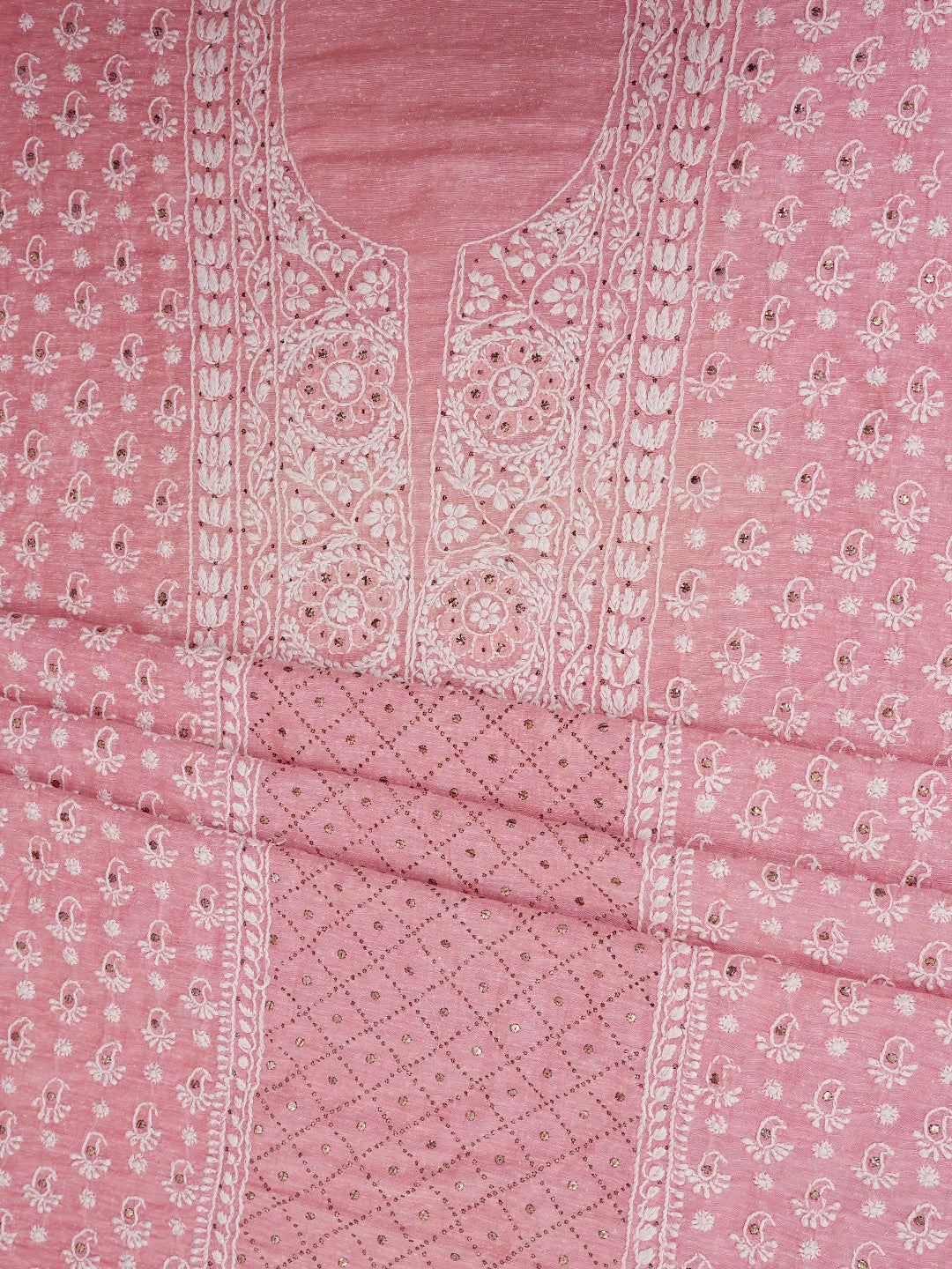 Ada Hand Embroidered Peach Chanderi Lucknowi Chikankari Unstitched Kurta Dupatta Set With Mukaish Work 01A401666
