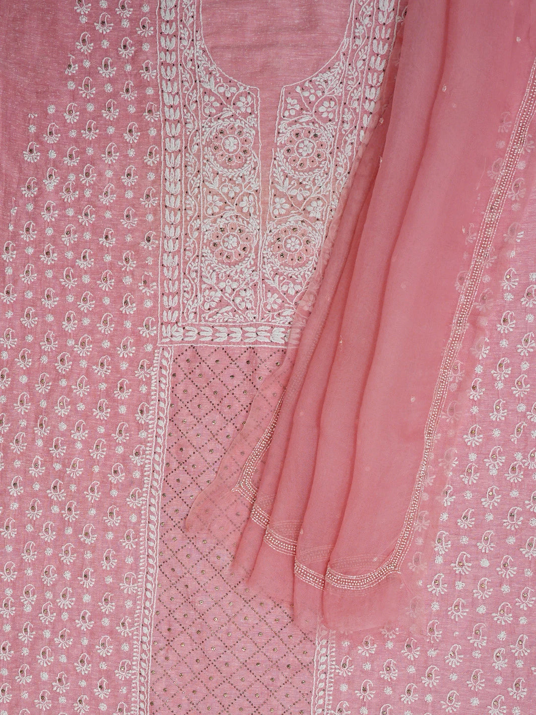 Ada Hand Embroidered Peach Chanderi Lucknowi Chikankari Unstitched Kurta Dupatta Set With Mukaish Work 01A401666
