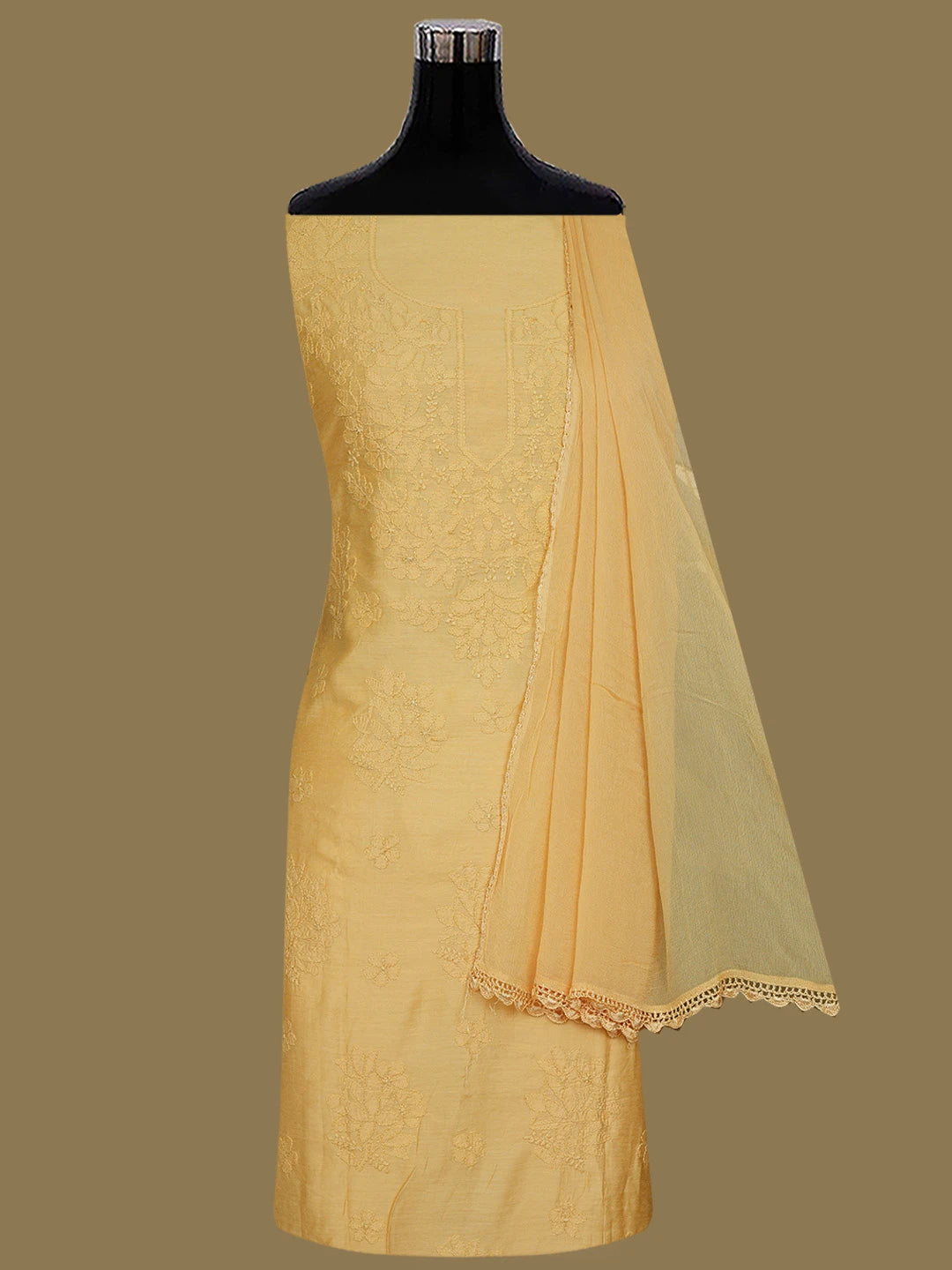 Ada Hand Embroidered Gold Yellow Chanderi Lucknowi Chikankari Unstitched Kurta Dupatta Set 01A488712