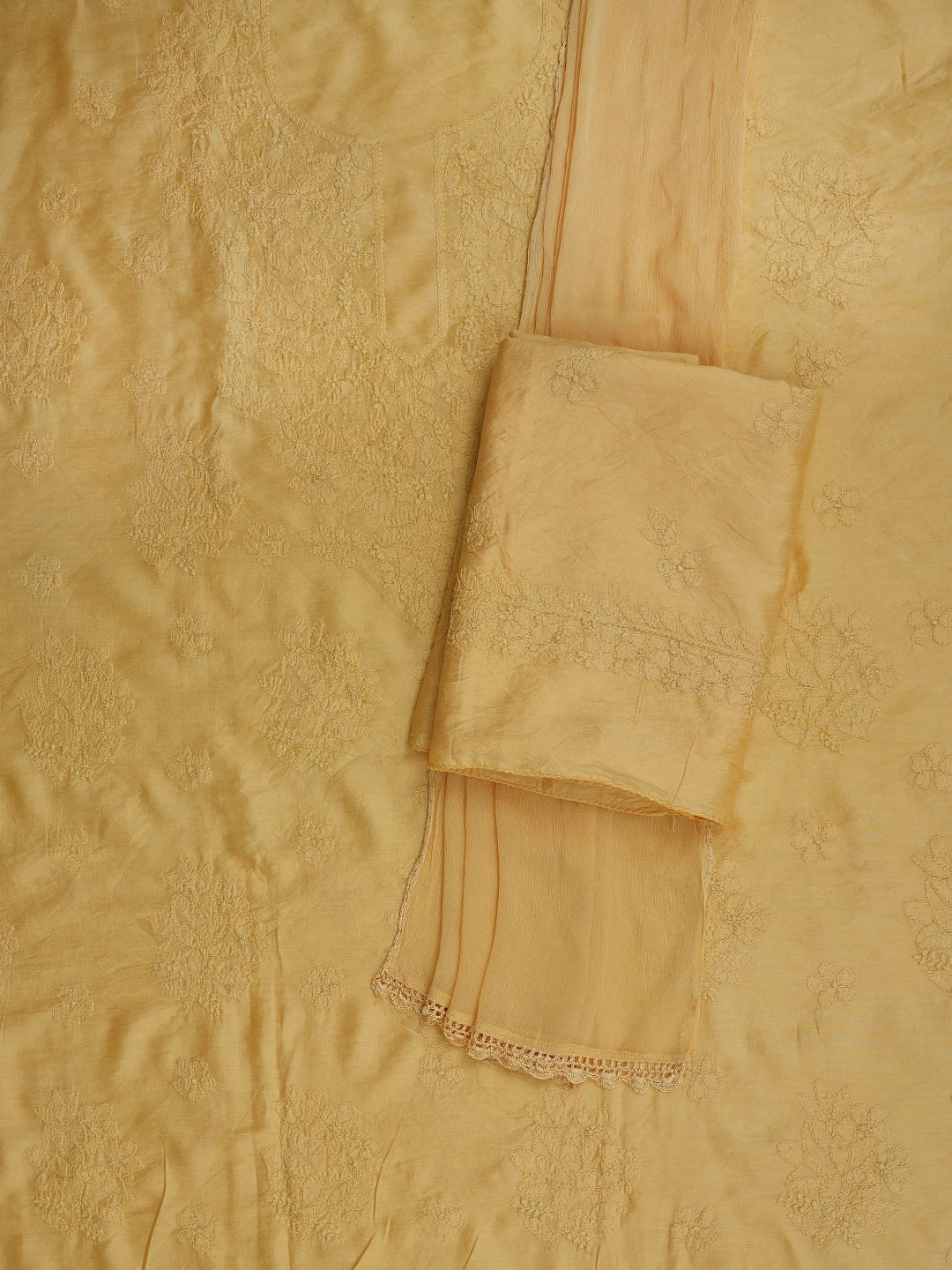Ada Hand Embroidered Gold Yellow Chanderi Lucknowi Chikankari Unstitched Kurta Dupatta Set 01A488712