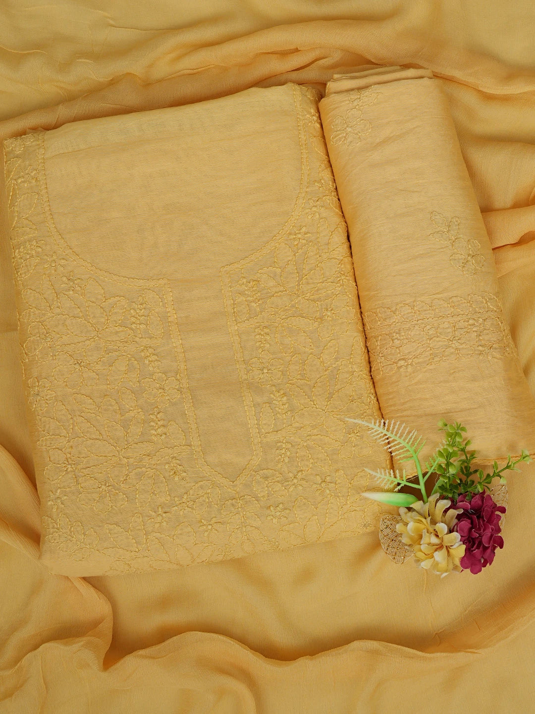 Ada Hand Embroidered Gold Yellow Chanderi Lucknowi Chikankari Unstitched Kurta Dupatta Set 01A488712