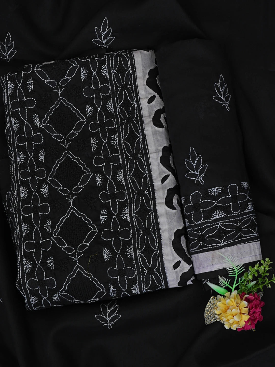 Ada Hand Embroidered Black Cotton Lucknowi Chikankari Unstitched Suit Set 01A845208