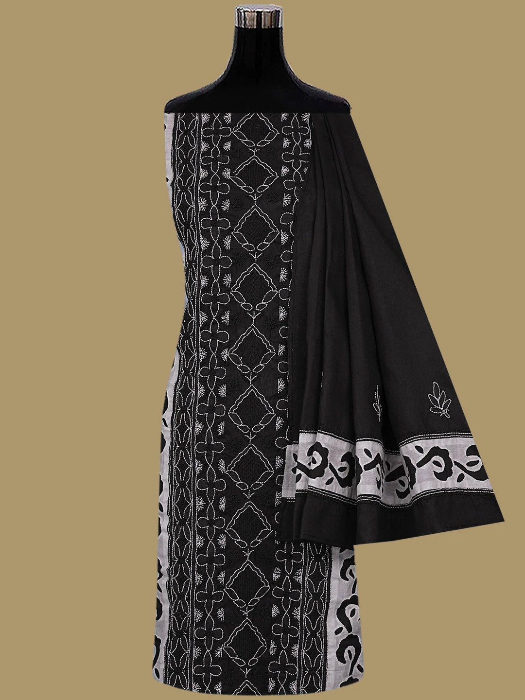 Ada Hand Embroidered Black Cotton Lucknowi Chikankari Unstitched Suit Set 01A845208
