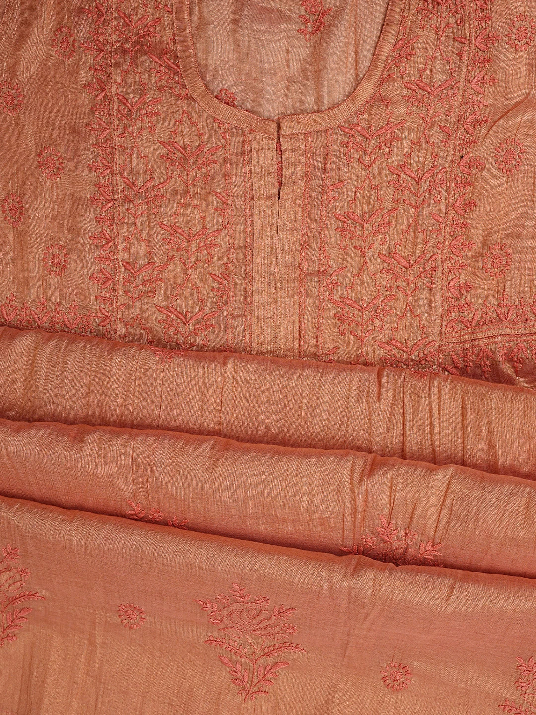 Ada Hand Embroidered Rust Tissue Lucknowi Chikankari Semi-Stitched Kurta Dupatta Set 01A785312