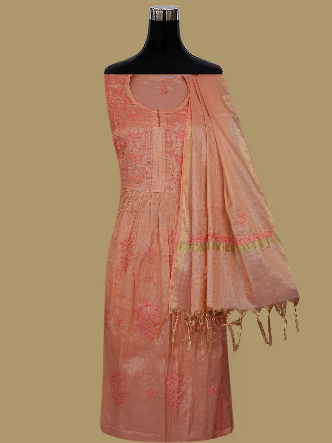 Ada Hand Embroidered Rust Tissue Lucknowi Chikankari Semi-Stitched Kurta Dupatta Set 01A785312