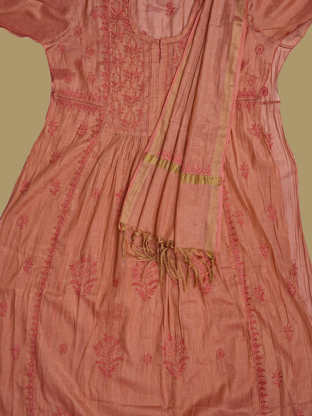 Ada Hand Embroidered Rust Tissue Lucknowi Chikankari Semi-Stitched Kurta Dupatta Set 01A785312