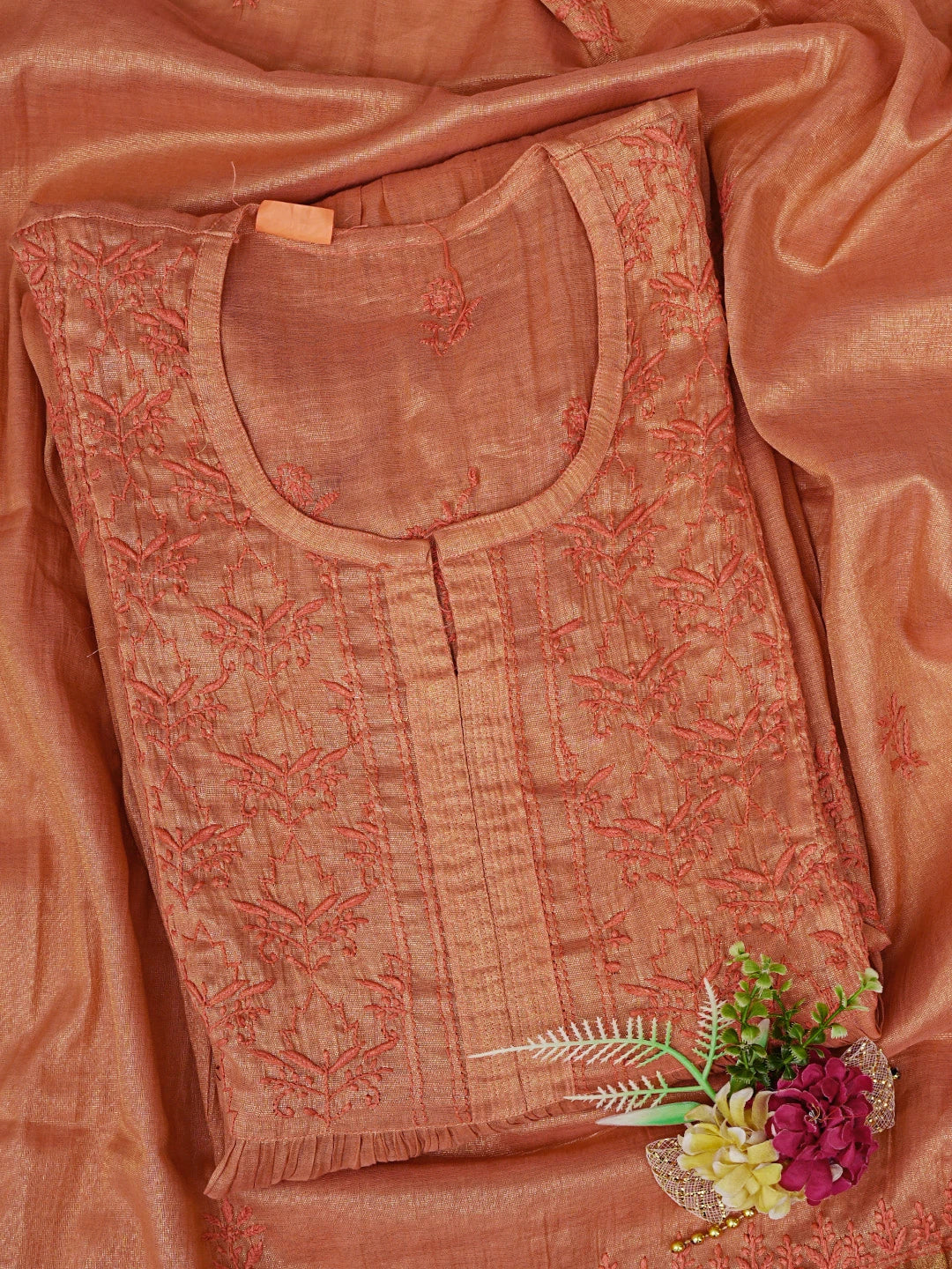Ada Hand Embroidered Rust Tissue Lucknowi Chikankari Semi-Stitched Kurta Dupatta Set 01A785312