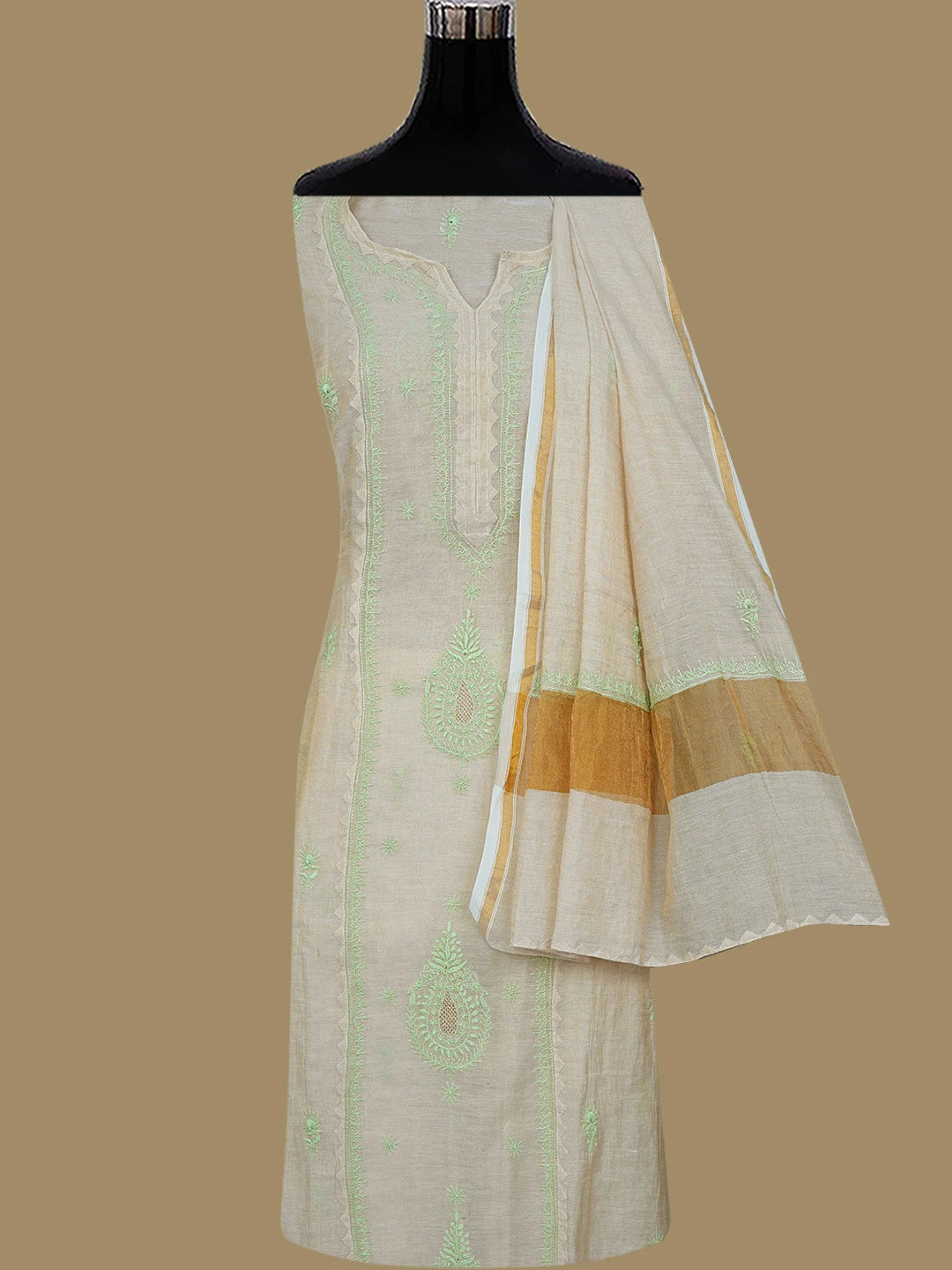 Ada Hand Embroidered Fawn Tissue Lucknowi Chikankari Semi-Stitched Kurta Dupatta Set With Zari Work 01A650946