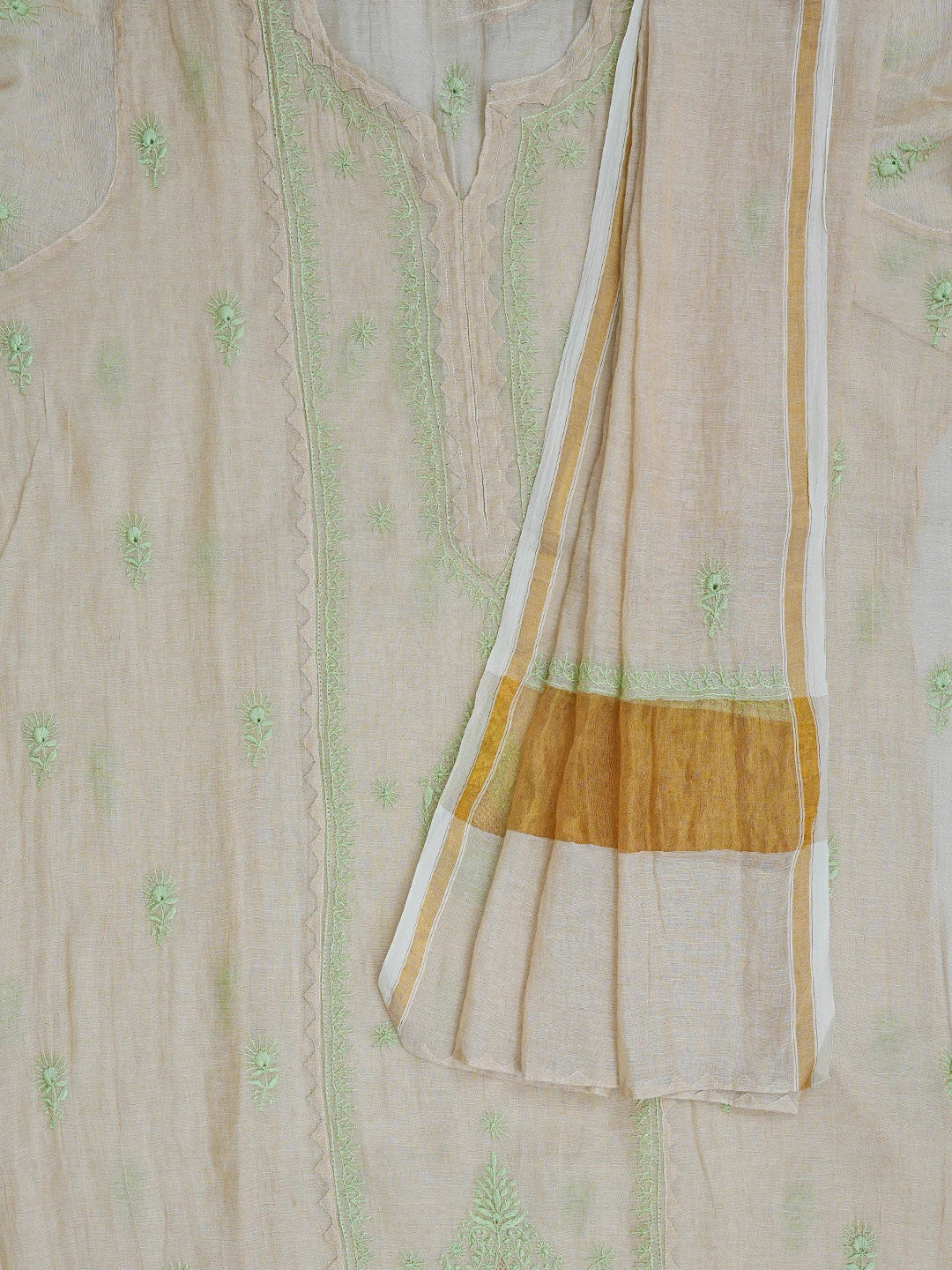 Ada Hand Embroidered Fawn Tissue Lucknowi Chikankari Semi-Stitched Kurta Dupatta Set With Zari Work 01A650946