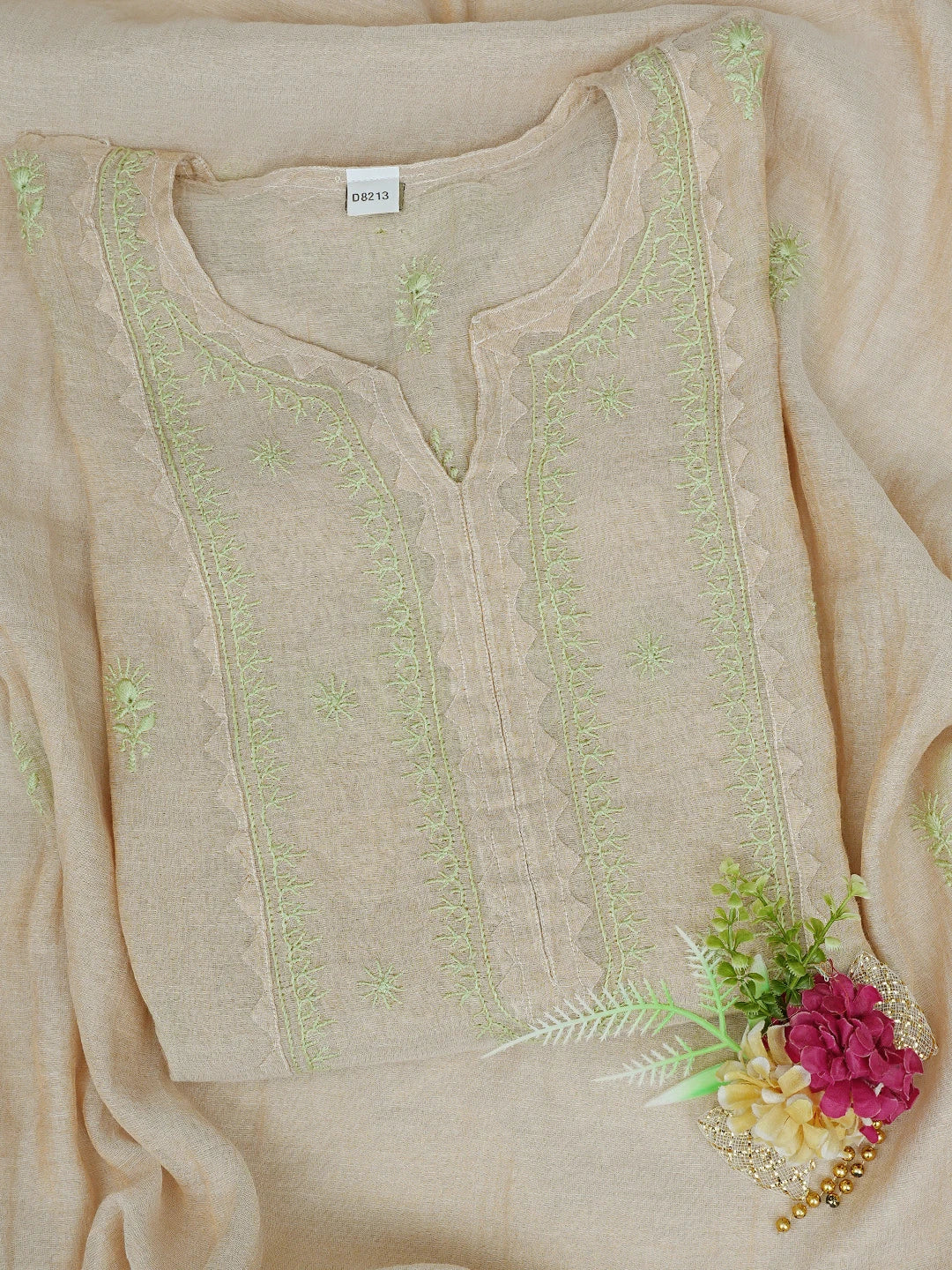 Ada Hand Embroidered Fawn Tissue Lucknowi Chikankari Semi-Stitched Kurta Dupatta Set With Zari Work 01A650946
