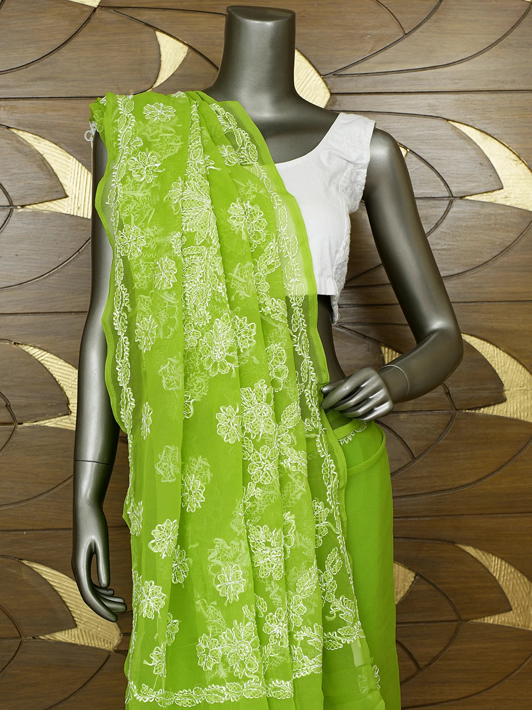 Ada Hand Embroidered Kelly Green Georgette Lucknowi Chikankari Saree With Blouse 01A853820