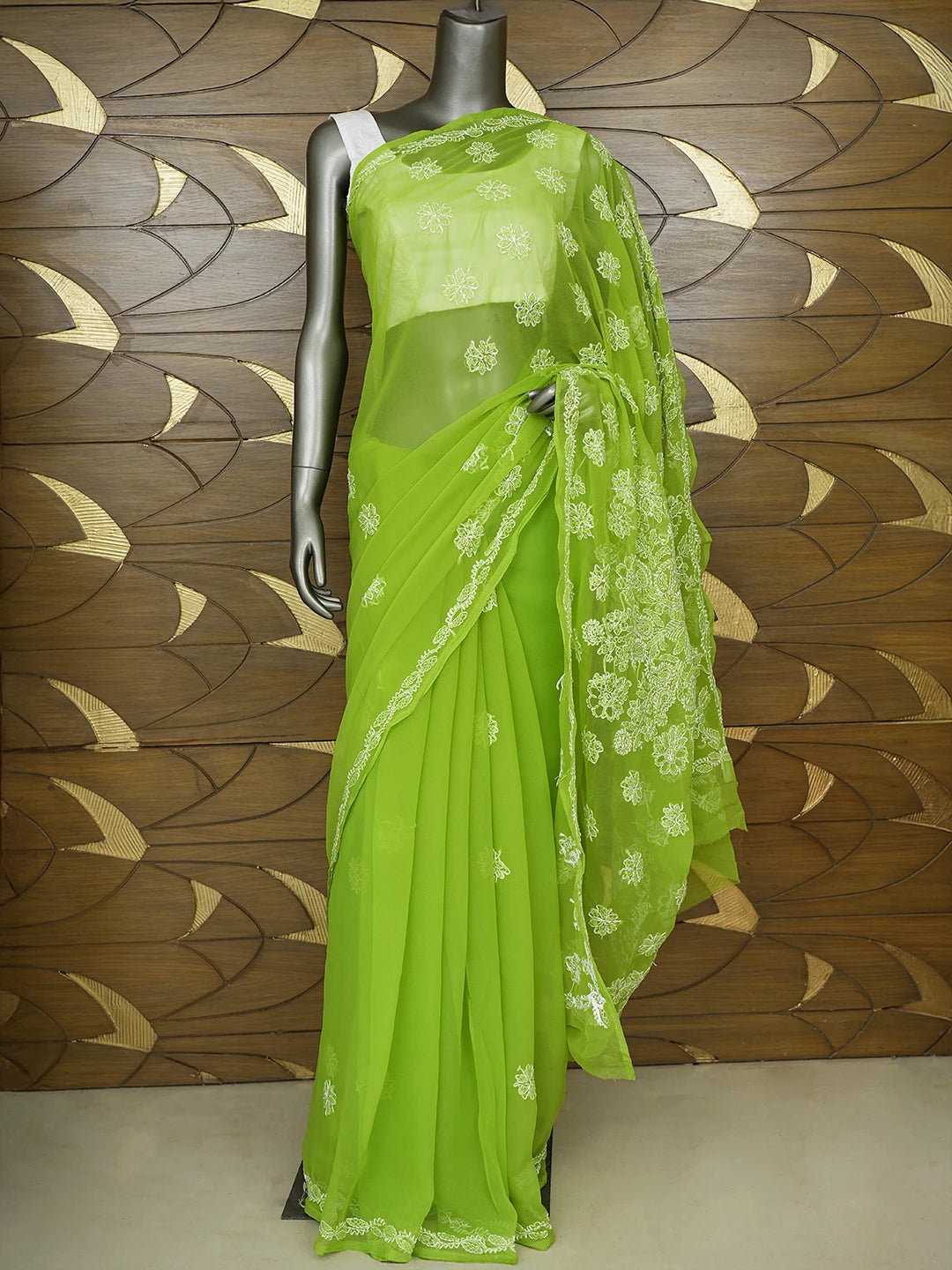Ada Hand Embroidered Kelly Green Georgette Lucknowi Chikankari Saree With Blouse 01A853820
