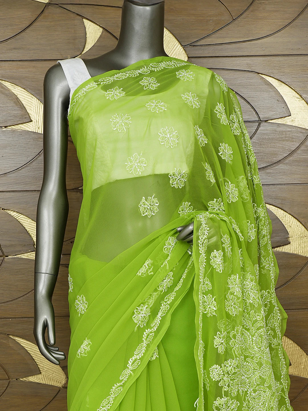 Ada Hand Embroidered Kelly Green Georgette Lucknowi Chikankari Saree With Blouse 01A853820