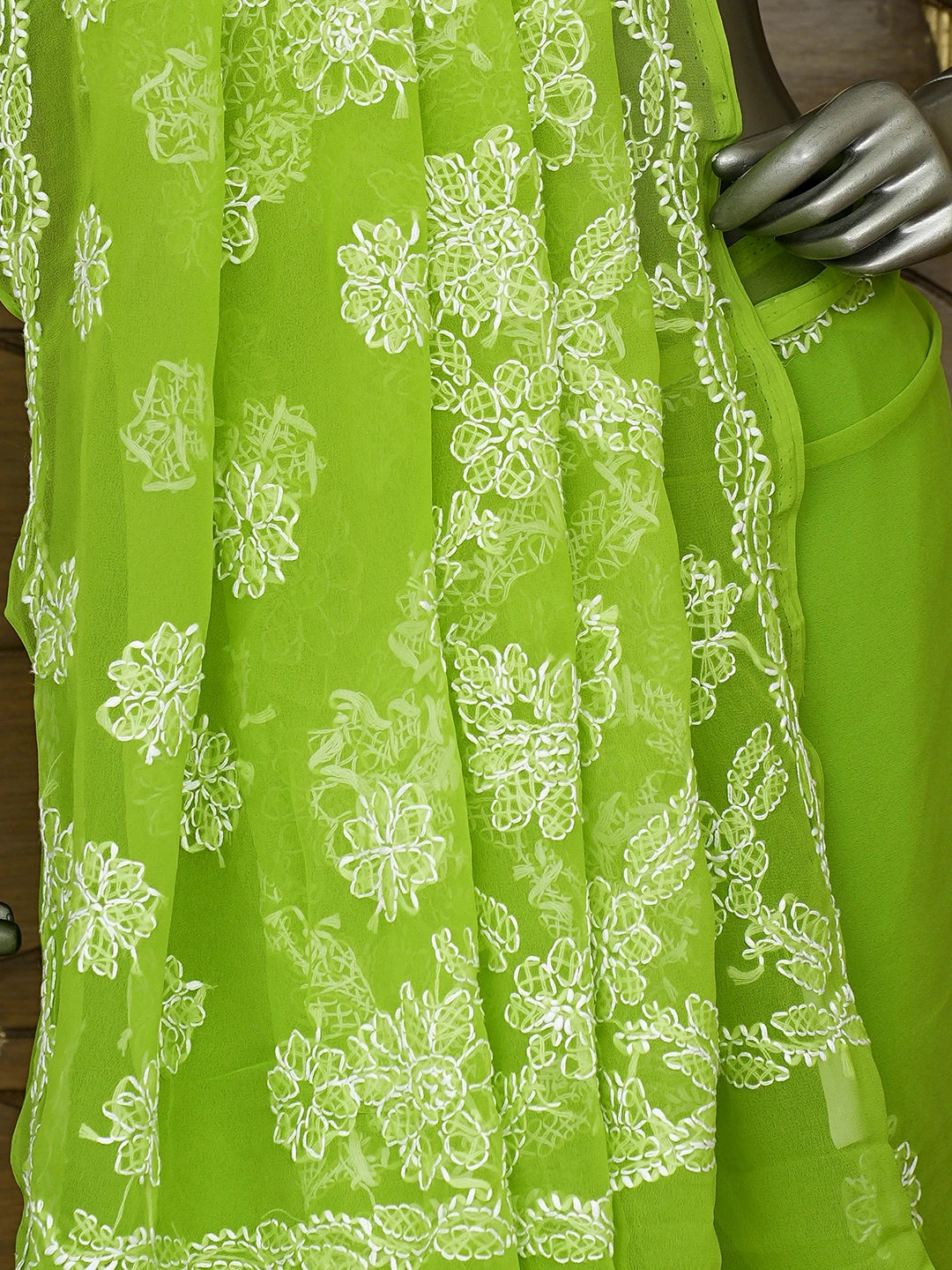 Ada Hand Embroidered Kelly Green Georgette Lucknowi Chikankari Saree With Blouse 01A853820
