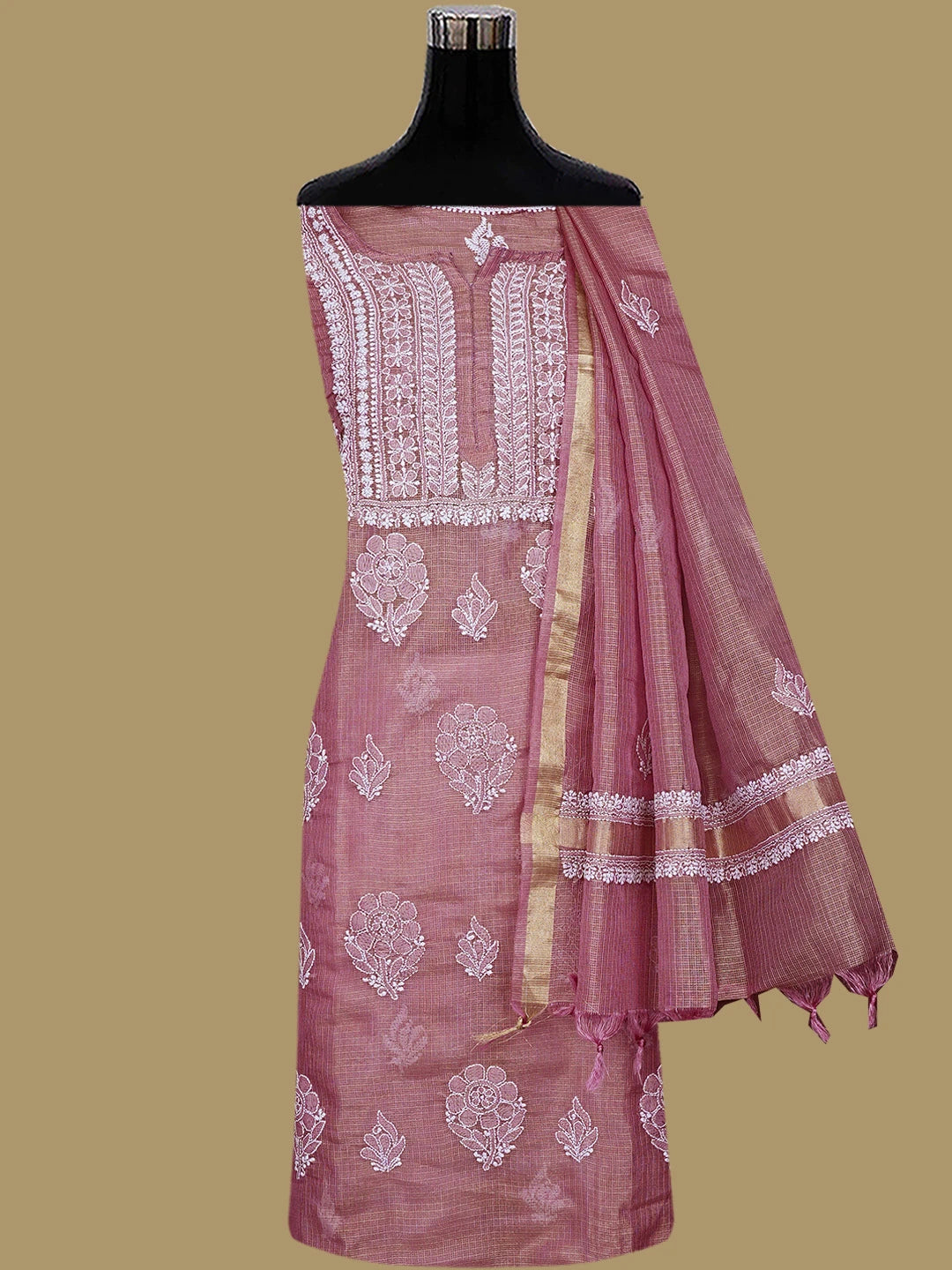 Ada Hand Embroidered Onion Pink Tissue Lucknowi Chikankari Unstitched Kurta Dupatta Set 01A784670