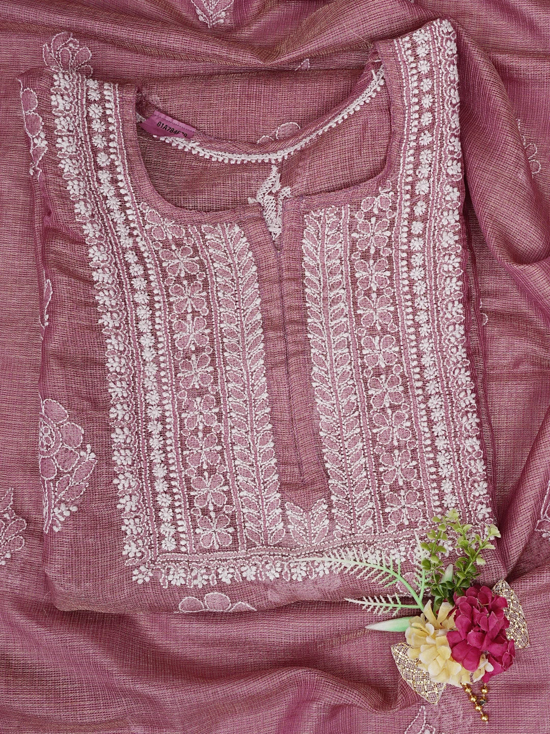 Ada Hand Embroidered Onion Pink Tissue Lucknowi Chikankari Unstitched Kurta Dupatta Set 01A784670