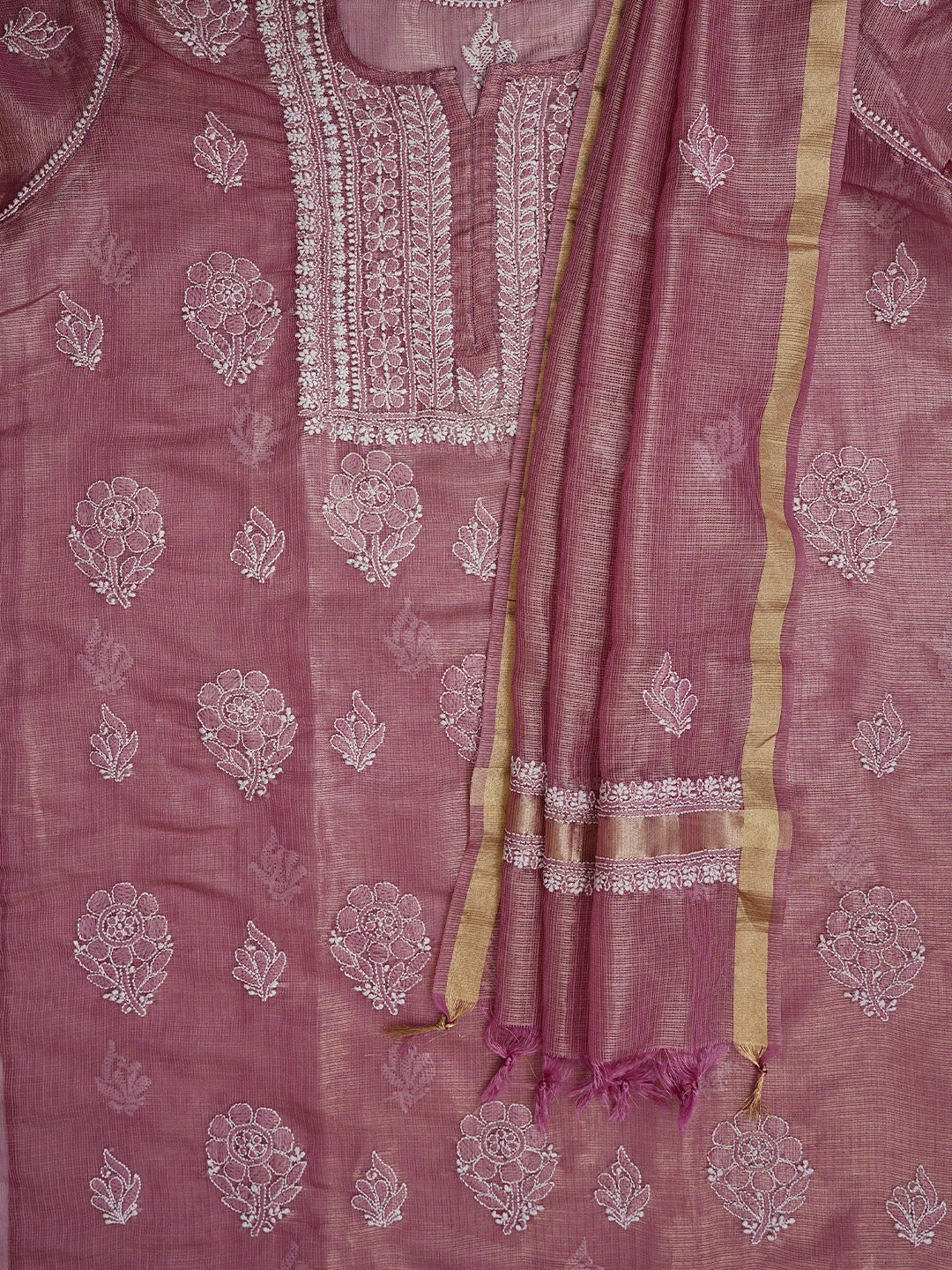 Ada Hand Embroidered Onion Pink Tissue Lucknowi Chikankari Unstitched Kurta Dupatta Set 01A784670