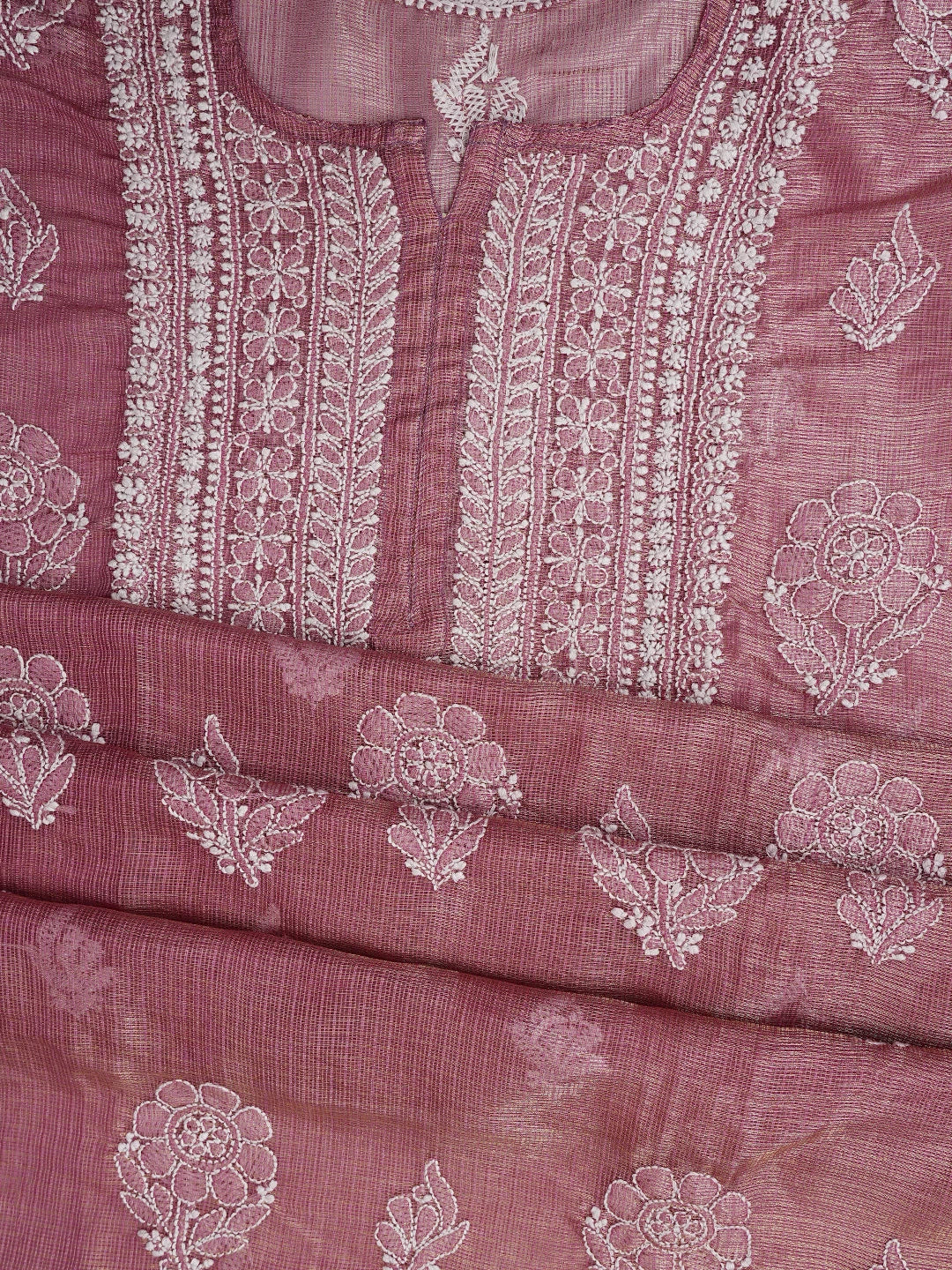 Ada Hand Embroidered Onion Pink Tissue Lucknowi Chikankari Unstitched Kurta Dupatta Set 01A784670