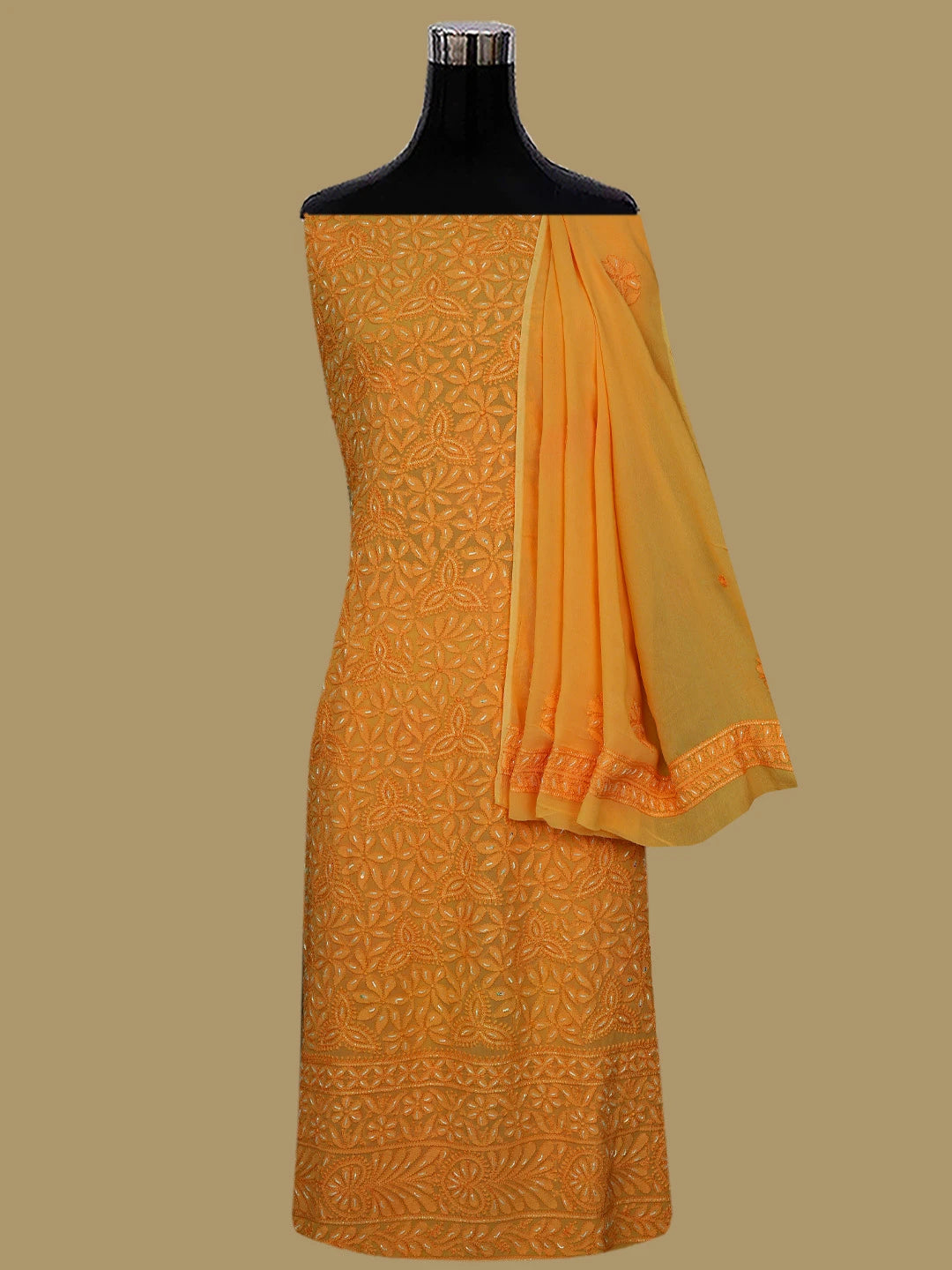 Ada Hand Embroidered Gold Yellow Viscose Georgette Lucknowi Chikankari Unstitched Kurta Dupatta Set With Cutdana Work 01A724164