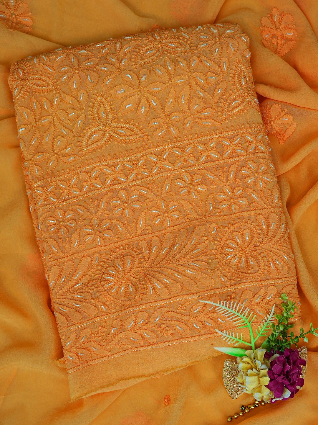 Ada Hand Embroidered Gold Yellow Viscose Georgette Lucknowi Chikankari Unstitched Kurta Dupatta Set With Cutdana Work 01A724164