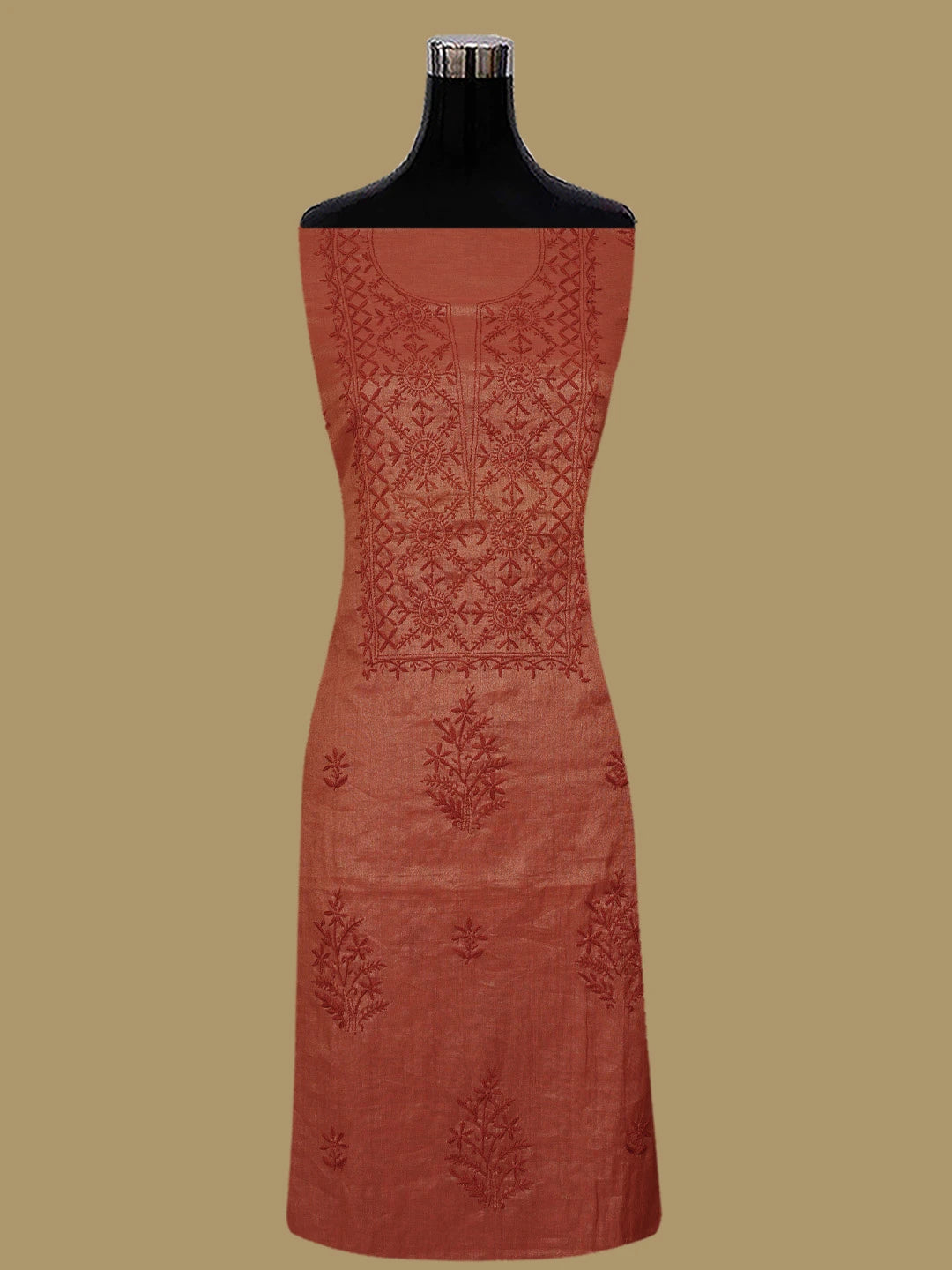 Ada Hand Embroidered Rust Tissue Lucknowi Chikankari Unstitched Kurta Dupatta Set 01A779553