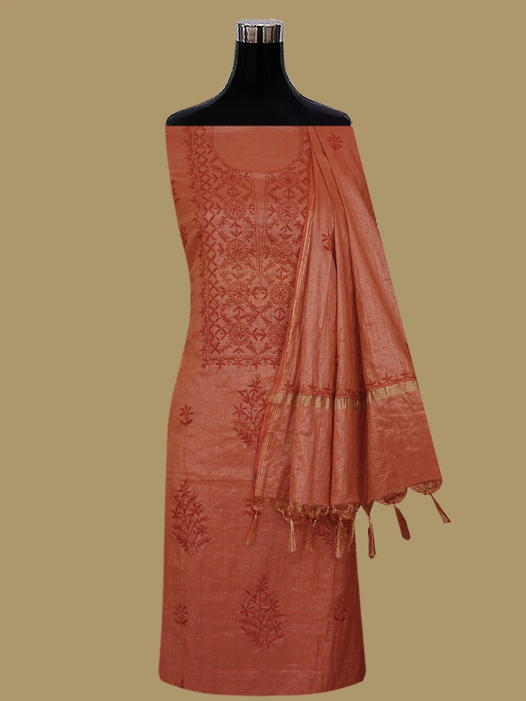 Ada Hand Embroidered Rust Tissue Lucknowi Chikankari Unstitched Kurta Dupatta Set 01A779553