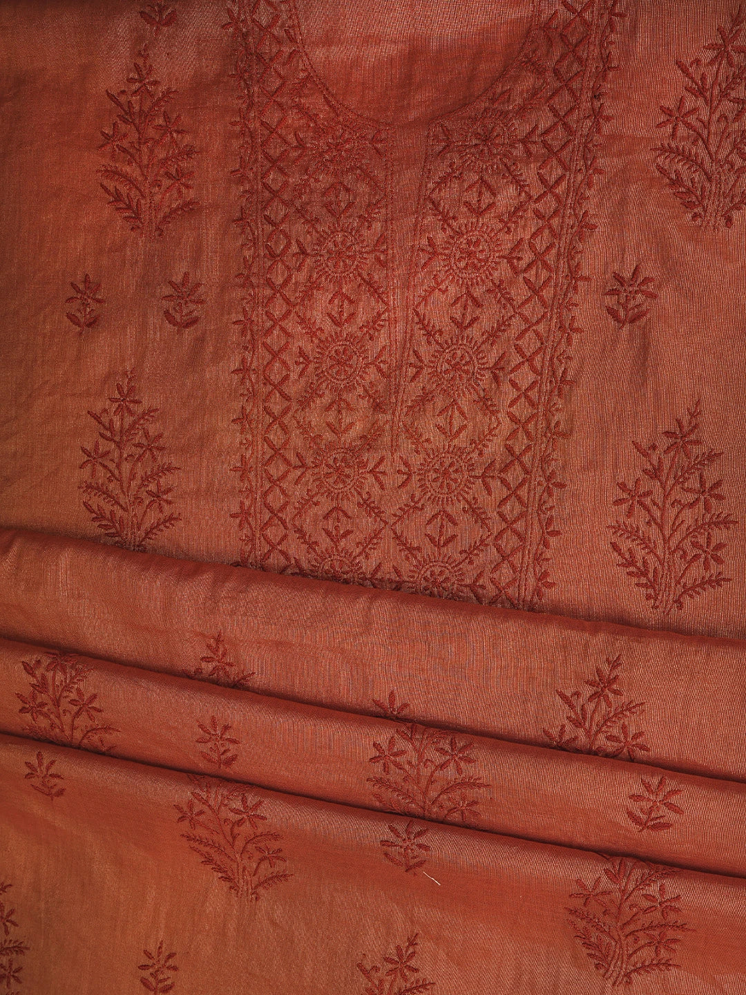 Ada Hand Embroidered Rust Tissue Lucknowi Chikankari Unstitched Kurta Dupatta Set 01A779553