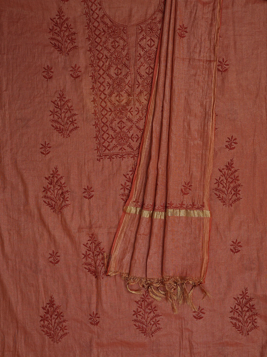 Ada Hand Embroidered Rust Tissue Lucknowi Chikankari Unstitched Kurta Dupatta Set 01A779553