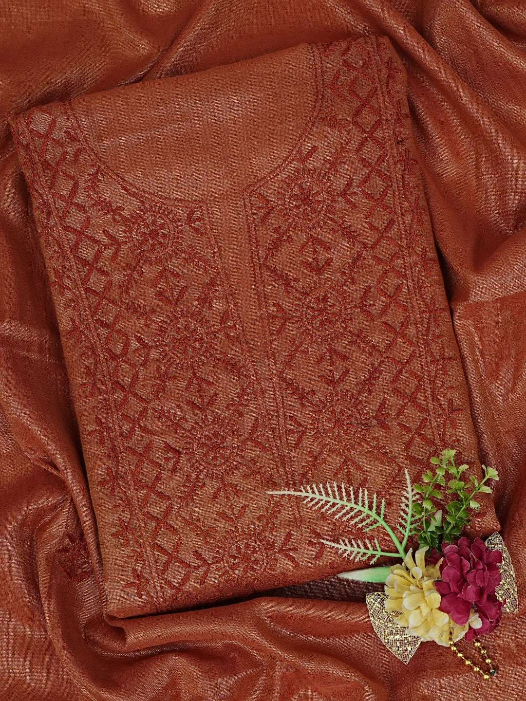 Ada Hand Embroidered Rust Tissue Lucknowi Chikankari Unstitched Kurta Dupatta Set 01A779553