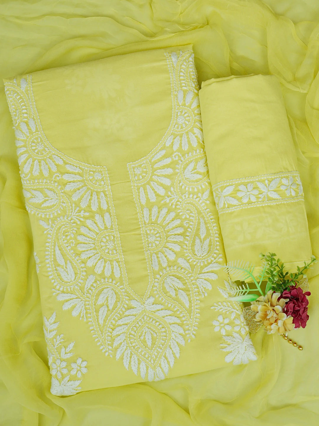 Ada Hand Embroidered Lemon Cotton Lucknowi Chikankari Unstitched Suit Piece 01A700776