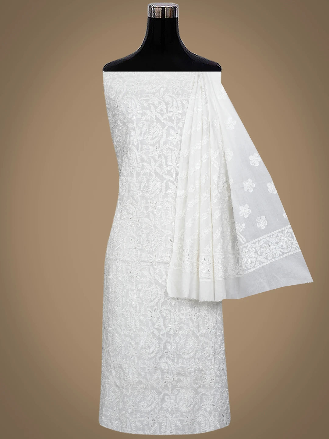 Ada Hand Embroidered White Cotton Lucknowi Chikankari Unstitched Kurta Dupatta Set With Cutdana Work 01A418153