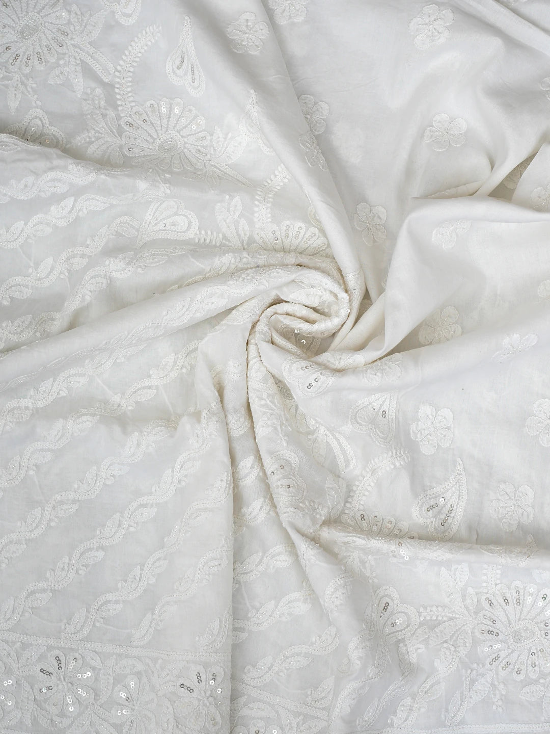 Ada Hand Embroidered White Cotton Lucknowi Chikankari Unstitched Kurta Dupatta Set With Cutdana Work 01A418153