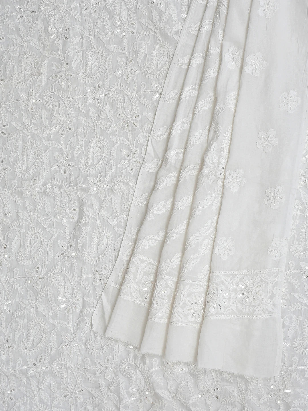 Ada Hand Embroidered White Cotton Lucknowi Chikankari Unstitched Kurta Dupatta Set With Cutdana Work 01A418153