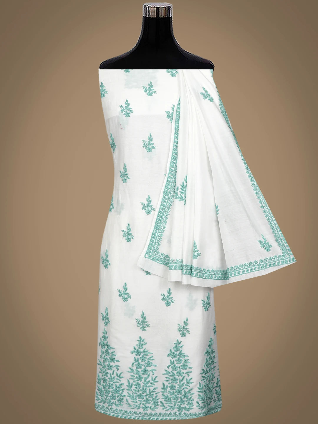 Ada Hand Embroidered White Crepe Lucknowi Chikankari Unstitched Kurta Dupatta Set 01A380368