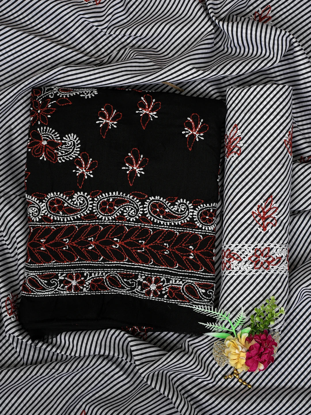 Ada Hand Embroidered Black Cotton Lucknowi Chikankari Unstitched Suit Piece 01A628076