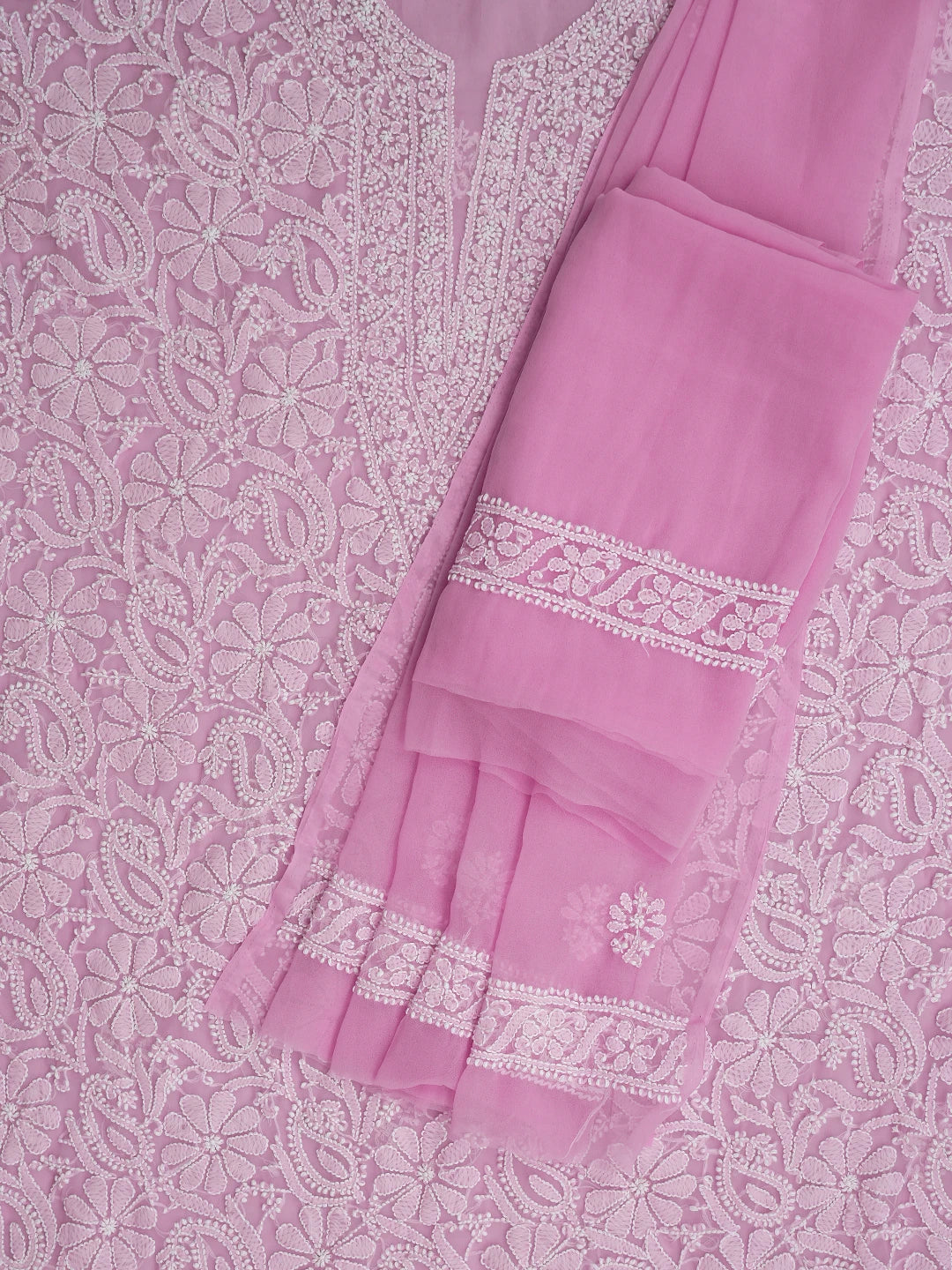Ada Hand Embroidered Pink Georgette Lucknowi Chikankari Unstitched Suit Piece 01A859804