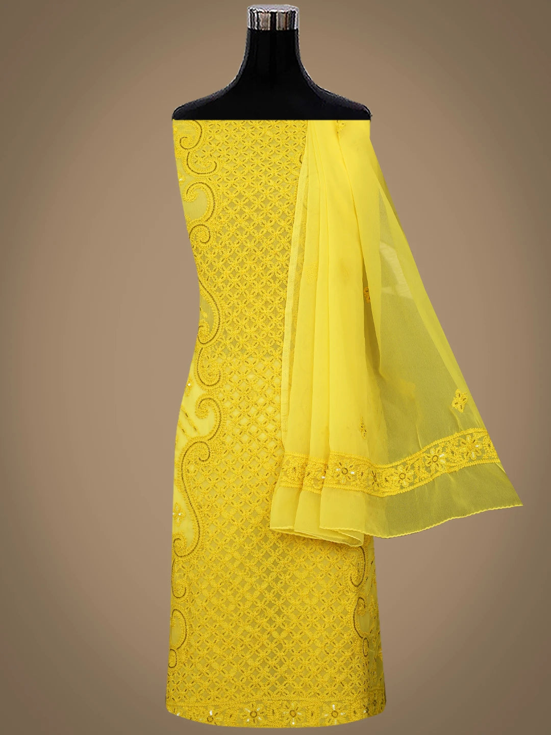 Ada Hand Embroidered Yellow Georgette Lucknowi Chikankari Unstitched Suit Piece With Cutdana Work 01A384149