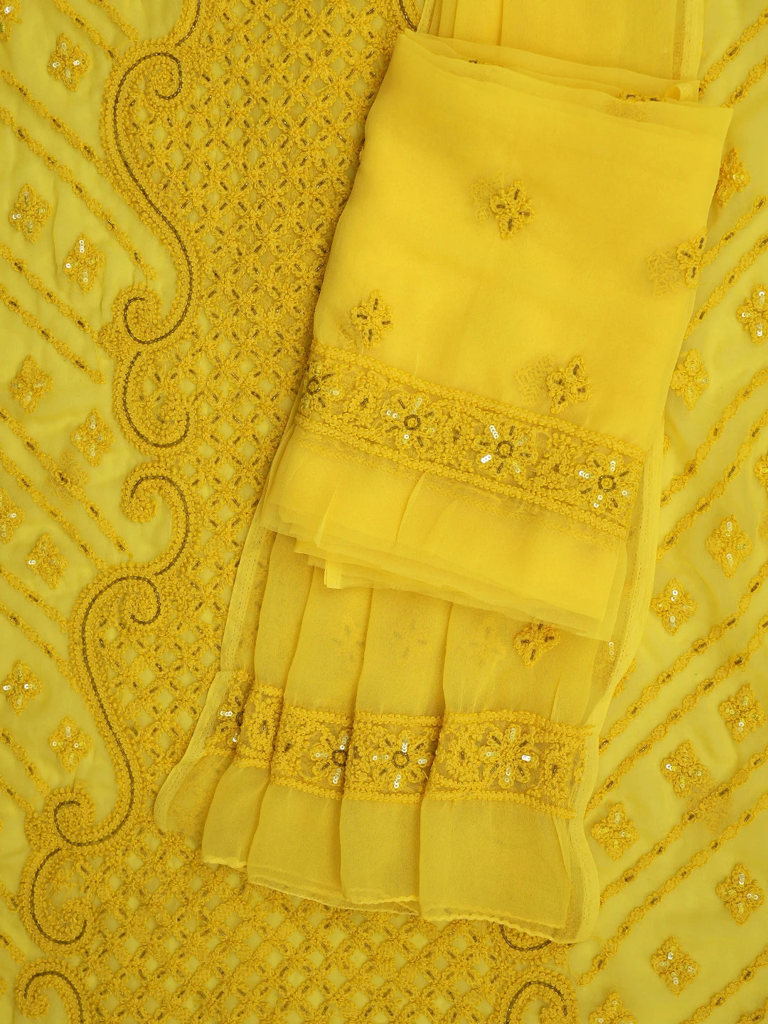 Ada Hand Embroidered Yellow Georgette Lucknowi Chikankari Unstitched Suit Piece With Cutdana Work 01A384149