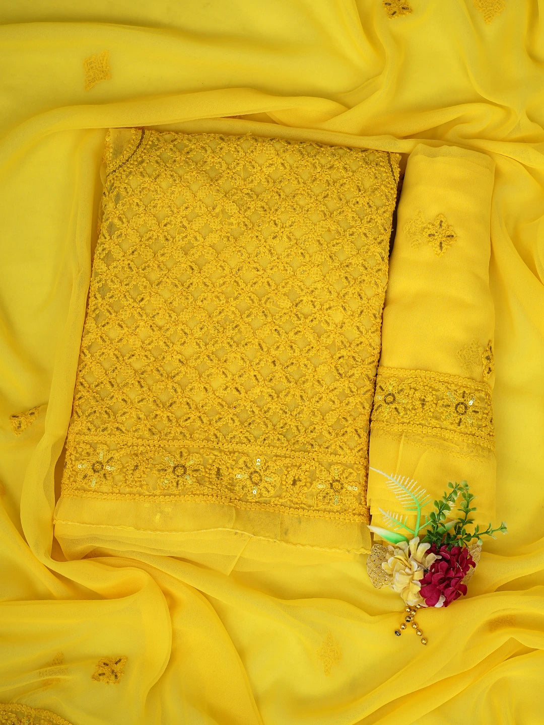 Ada Hand Embroidered Yellow Georgette Lucknowi Chikankari Unstitched Suit Piece With Cutdana Work 01A384149