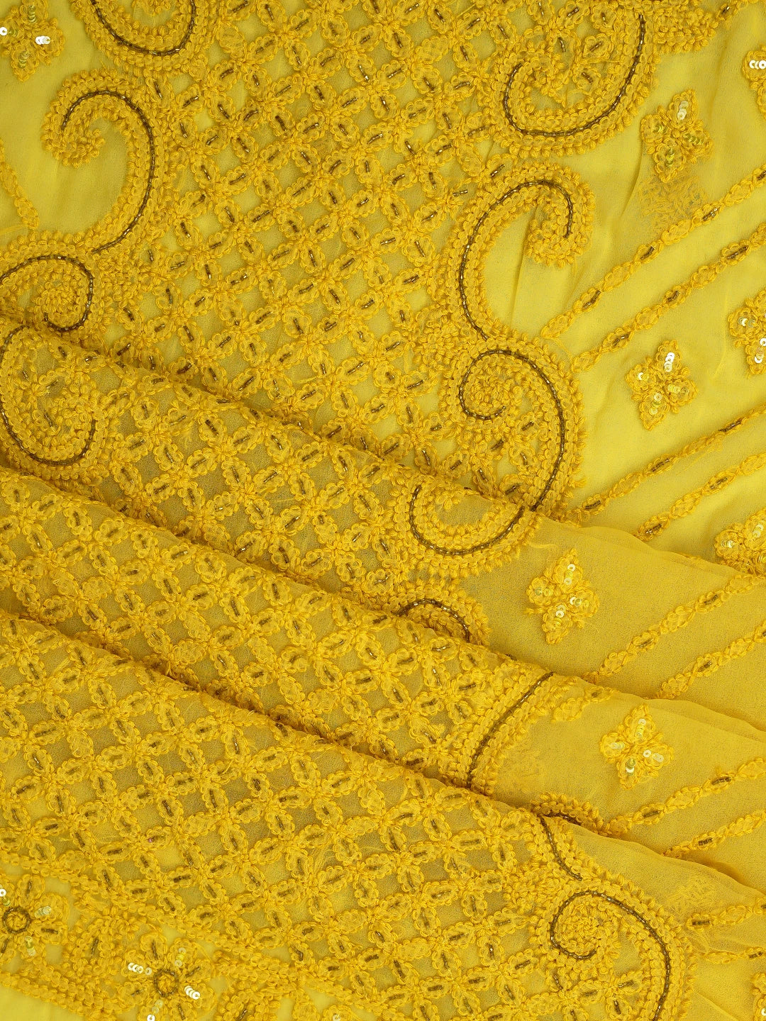 Ada Hand Embroidered Yellow Georgette Lucknowi Chikankari Unstitched Suit Piece With Cutdana Work 01A384149
