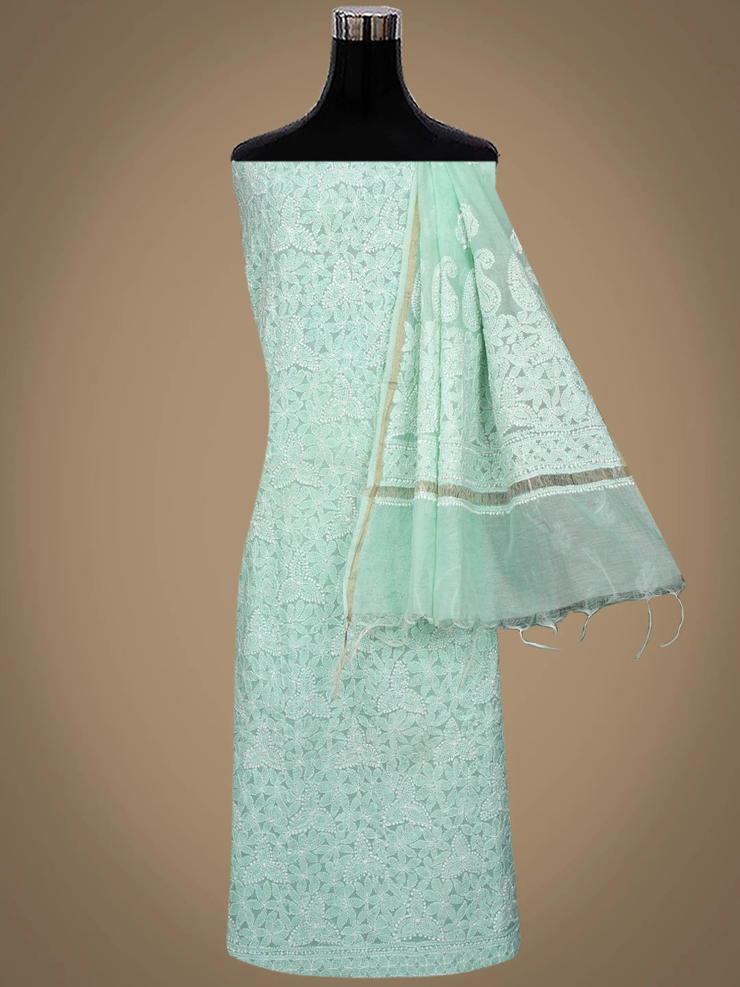 Ada Hand Embroidered Sea Green Chanderi Lucknowi Chikankari Unstitched Kurta Dupatta Set 01A482306