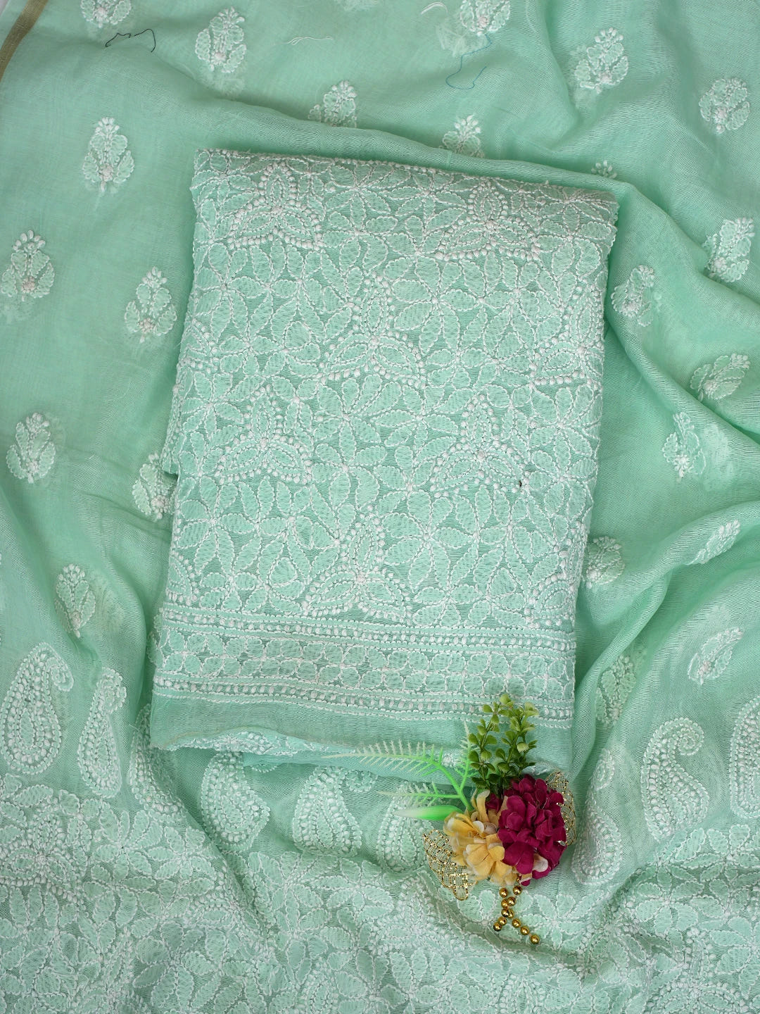 Ada Hand Embroidered Sea Green Chanderi Lucknowi Chikankari Unstitched Kurta Dupatta Set 01A482306