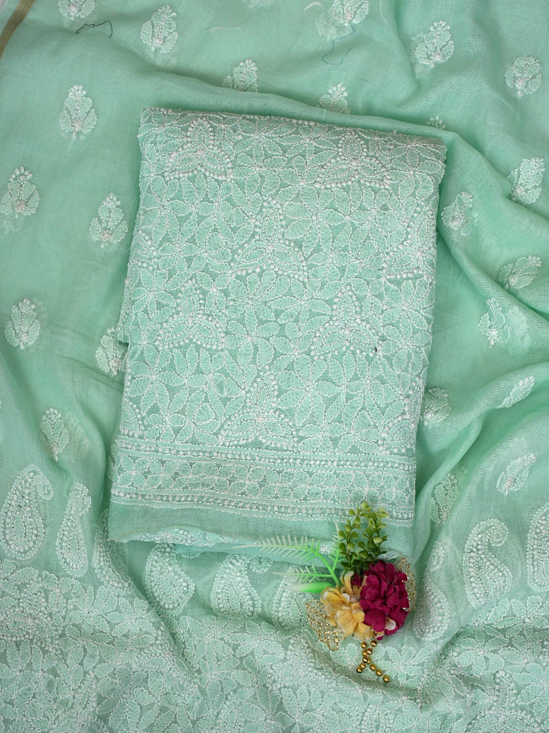 Ada Hand Embroidered Sea Green Chanderi Lucknowi Chikankari Unstitched Kurta Dupatta Set 01A482306