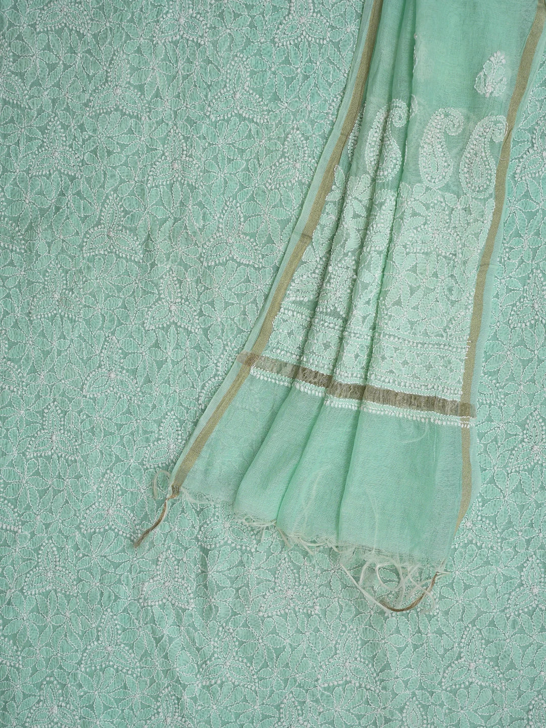 Ada Hand Embroidered Sea Green Chanderi Lucknowi Chikankari Unstitched Kurta Dupatta Set 01A482306