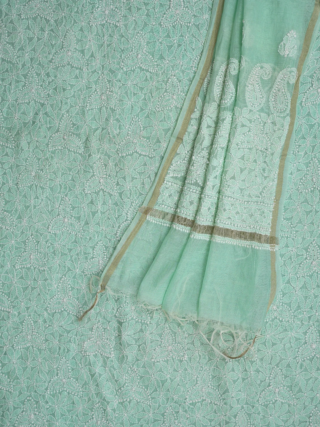 Ada Hand Embroidered Sea Green Chanderi Lucknowi Chikankari Unstitched Kurta Dupatta Set 01A482306