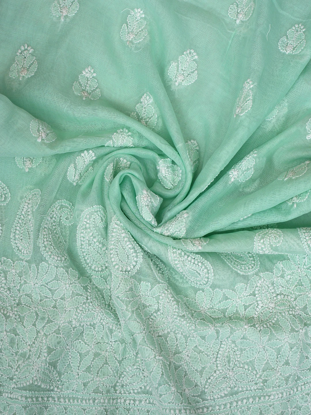Ada Hand Embroidered Sea Green Chanderi Lucknowi Chikankari Unstitched Kurta Dupatta Set 01A482306