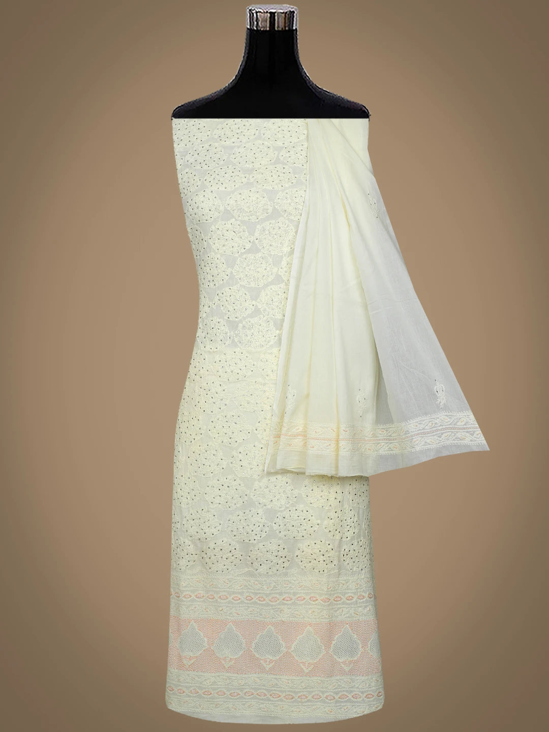 Ada Hand Embroidered Light Lemon Cotton Lucknowi Chikankari Unstitched Suit Set With Muqaish Work 01A8285